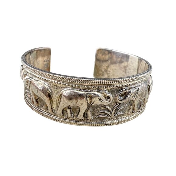 Sterling Silver Elephant Cuff Bracelet Embossed Safari Design Tribal Jewelry 925 - Picture 1 of 8